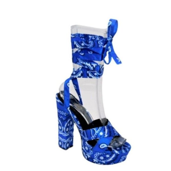 Mata Blue Bandana Women's Open Toe Lace Up Chunky Platform High Heel Sandals - Picture 2 of 3